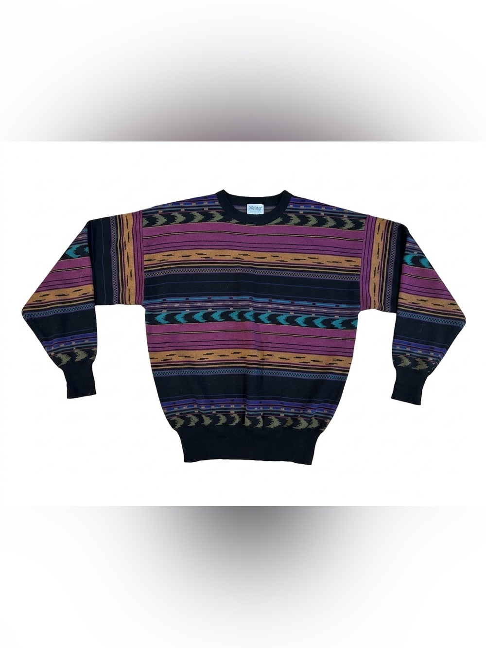 Vintage Meister Wool Blend Sweater Mens XL Multicolor Striped Aztec 80s 90s Knit
